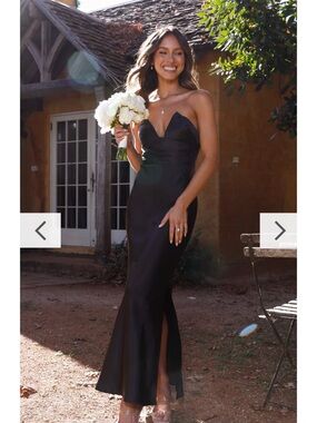 Strapless Black Satin Midi Dress with Sweetheart Neckline